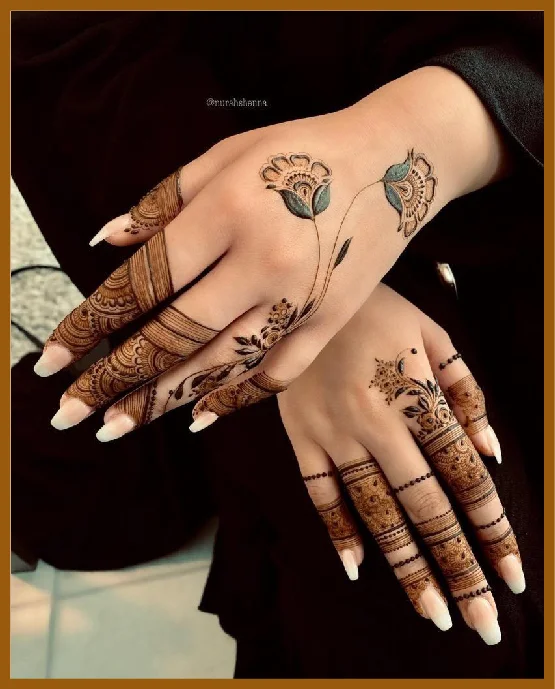 Flower Chain Khafif Back Hand With Ring Outlines Khafif (Minimal) Back Hand Mehndi Design